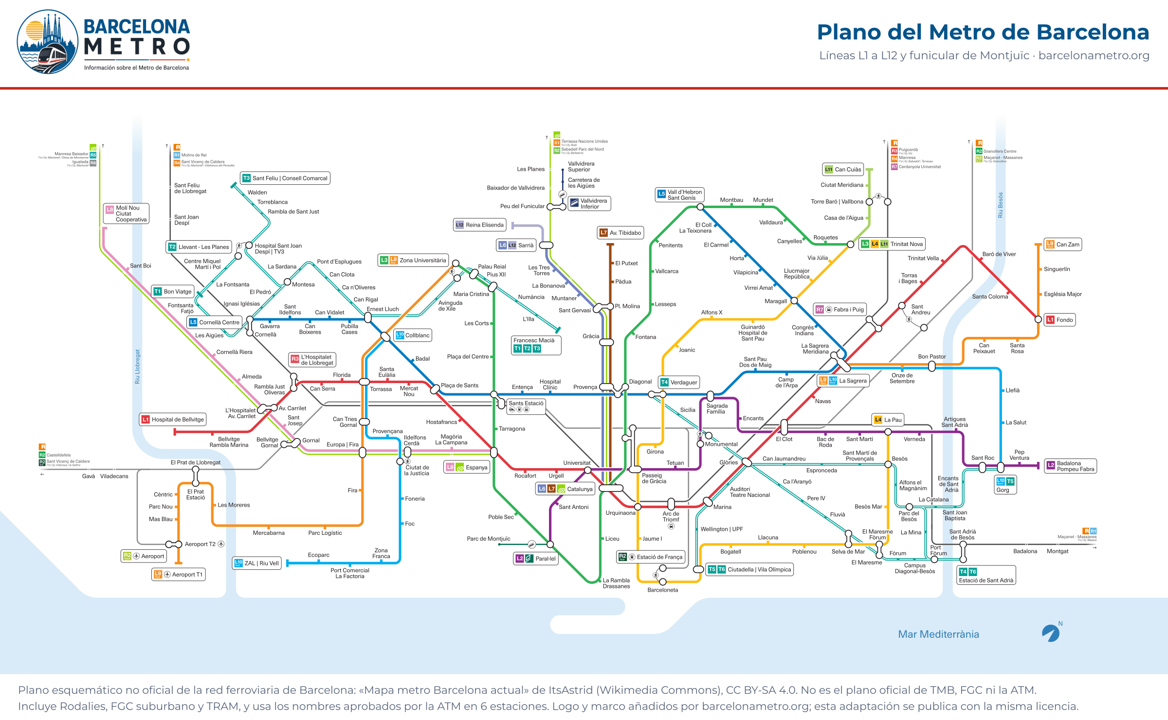 Plano del metro de Barcelona con las líneas L1 a L12 y el Funicular de Montjuïc